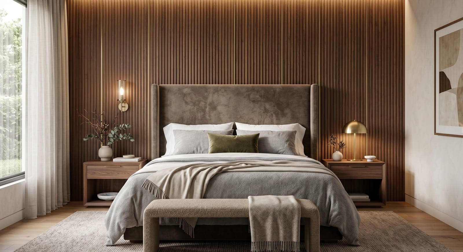 Bedroom with a velvet headboard, fluted walnut wall and a brass wall light