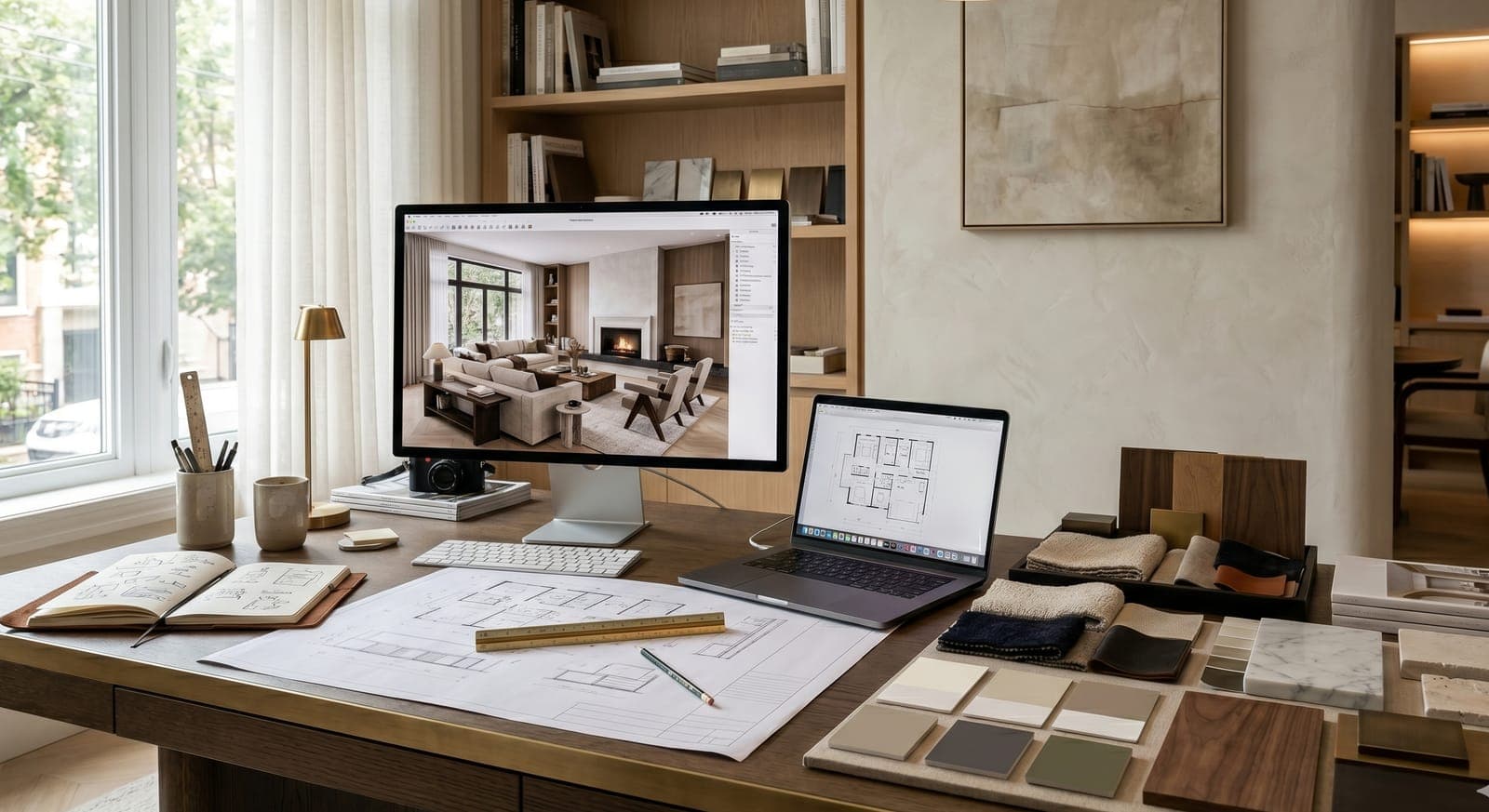 Design desk with a 3D render on screen, floor plans, and material samples