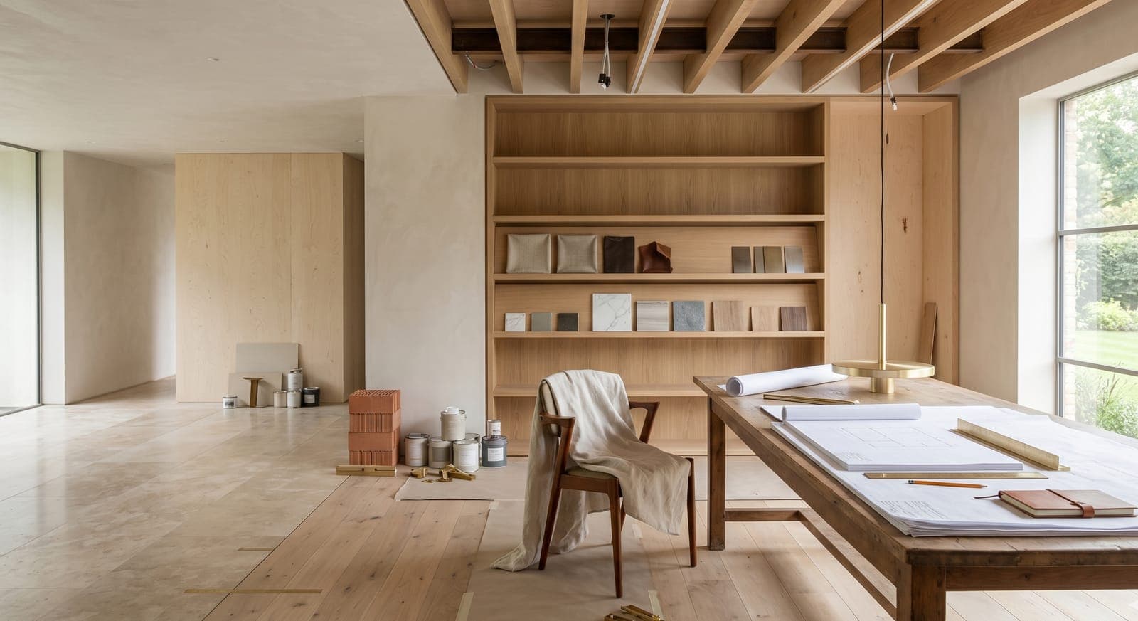 Room mid-renovation with an oak shelving unit, drawings on a work table and sample tiles