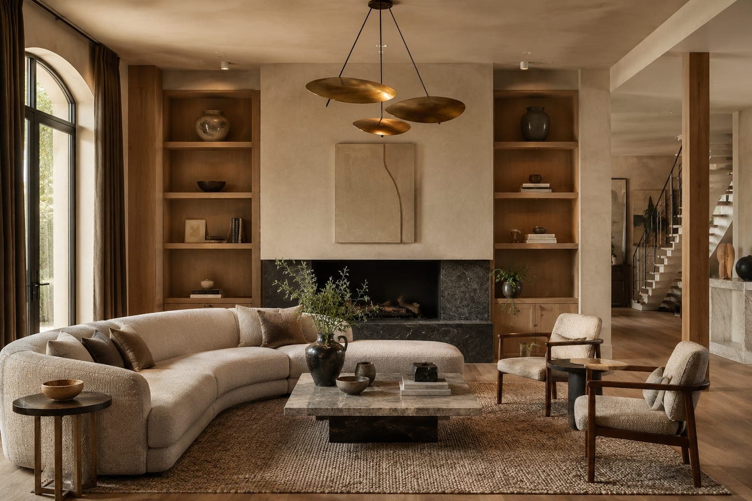 Living room with a curved sofa, stone coffee table, built-in oak shelving and a brass pendant