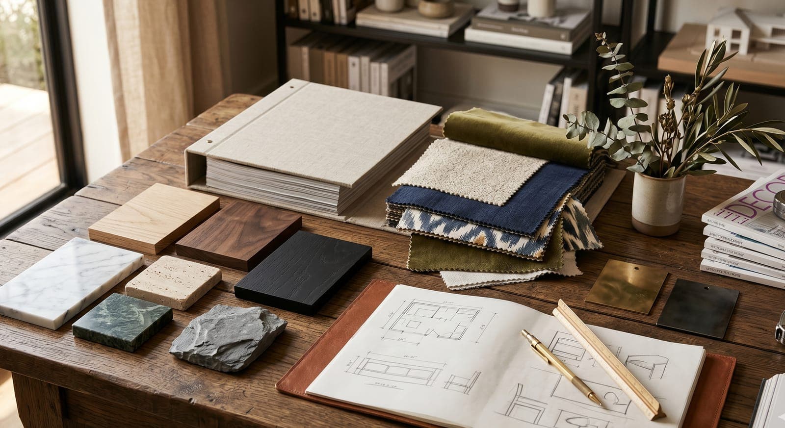Material board with fabric samples, stone and timber pieces and a sketchbook