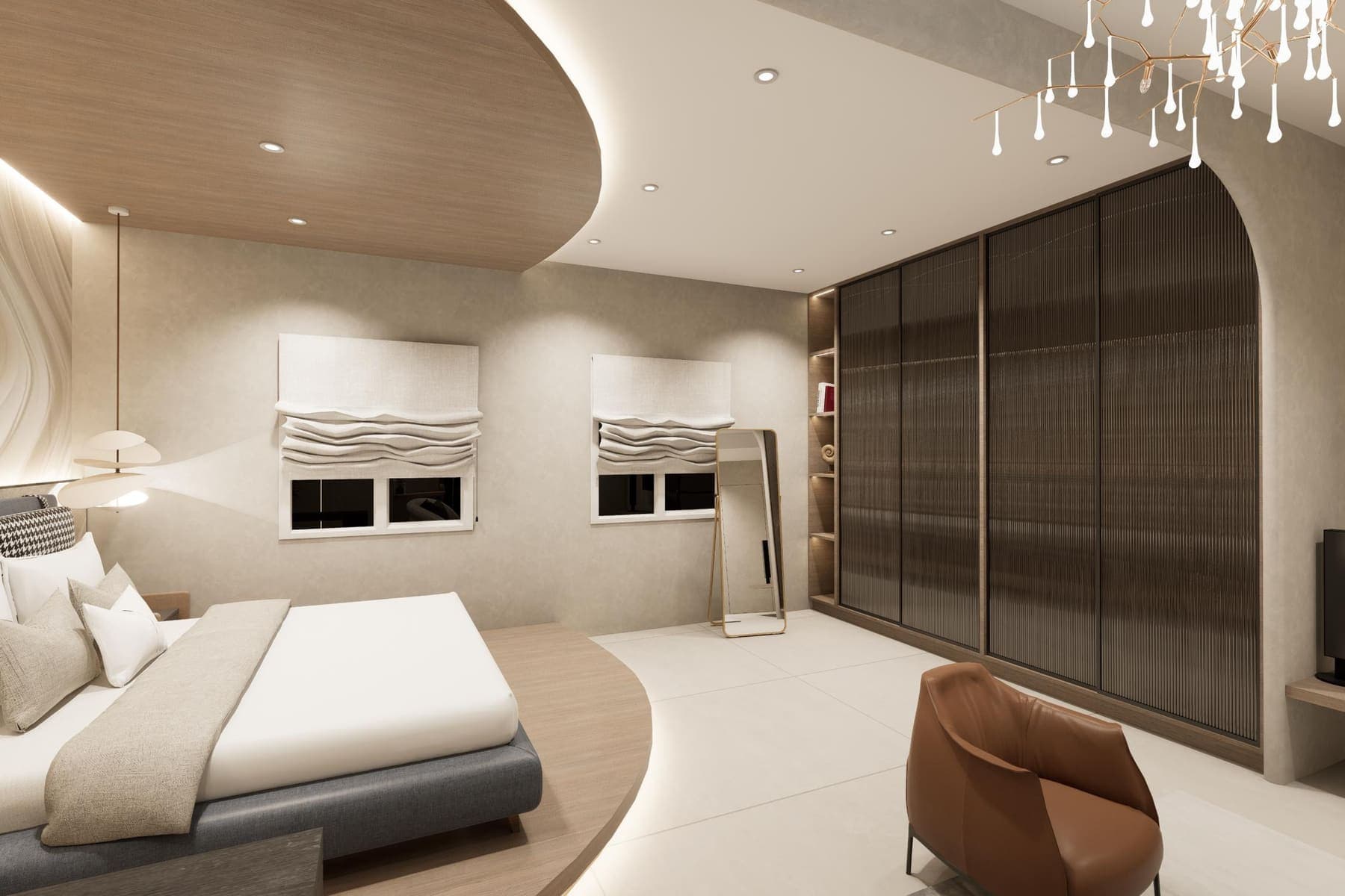 Render looking toward the fluted bronze-glass wardrobe and the windows