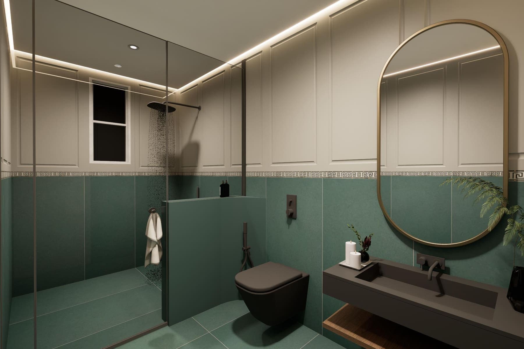 Render of the bathroom in deep green tile with a brass mirror and a glass shower screen