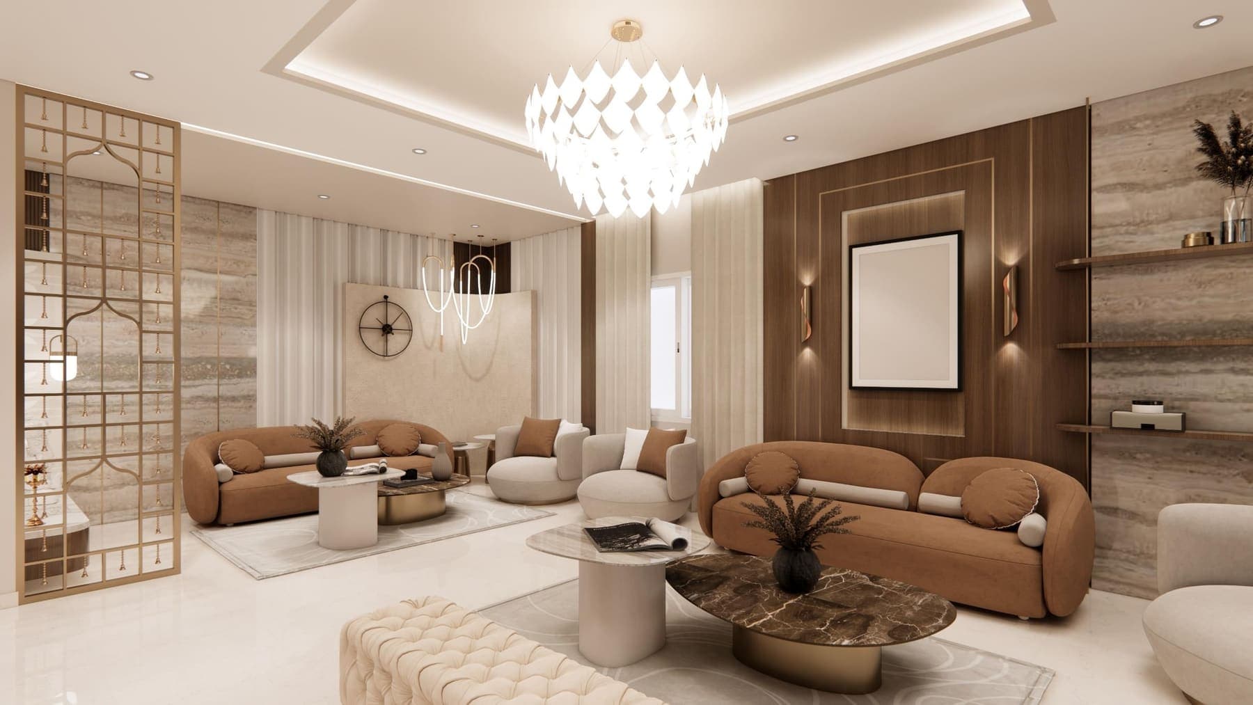 Render with the brass jaali screen at the entrance and a tufted bench