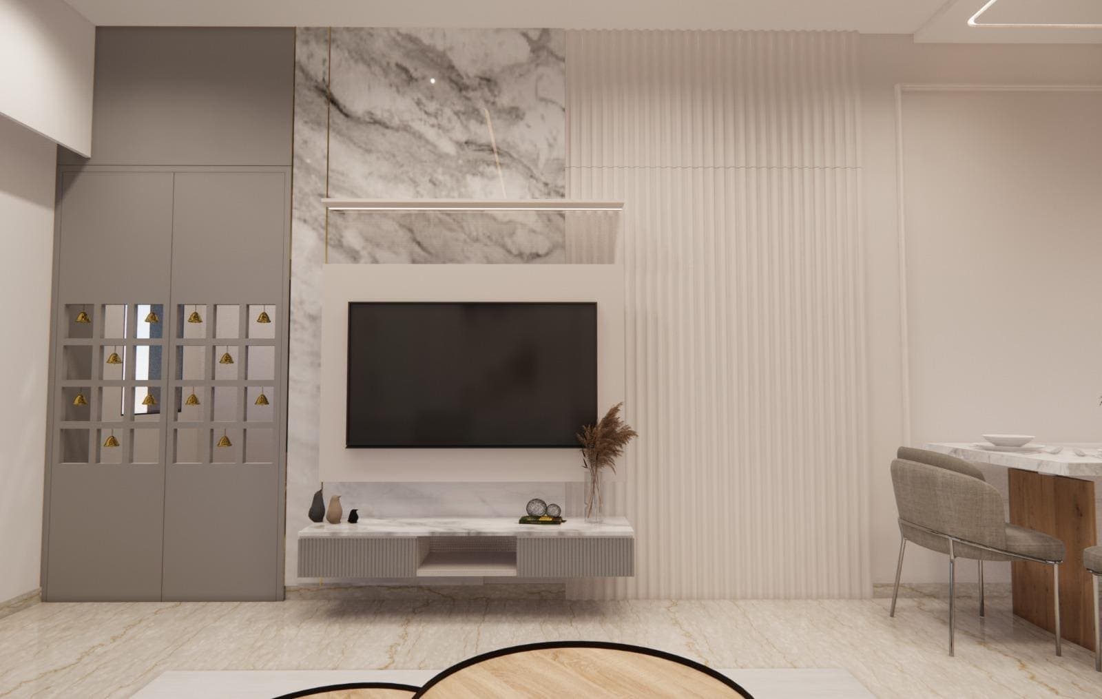 Render of the marble media wall with a floating console and a jaali side panel