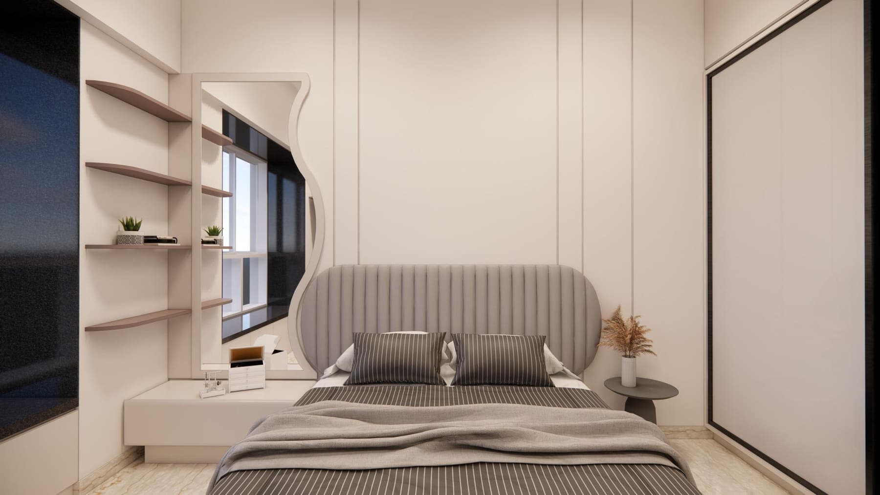 Render of a bedroom with a curved fluted headboard, corner shelving and a window seat