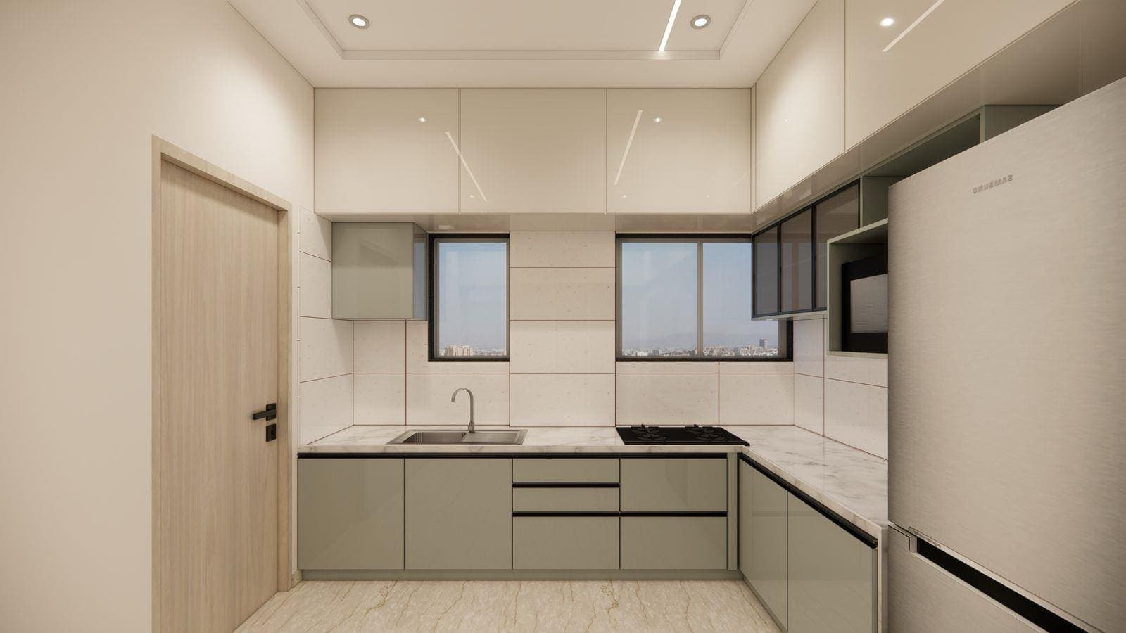 Render of the kitchen with sage green cabinets and a light quartz counter